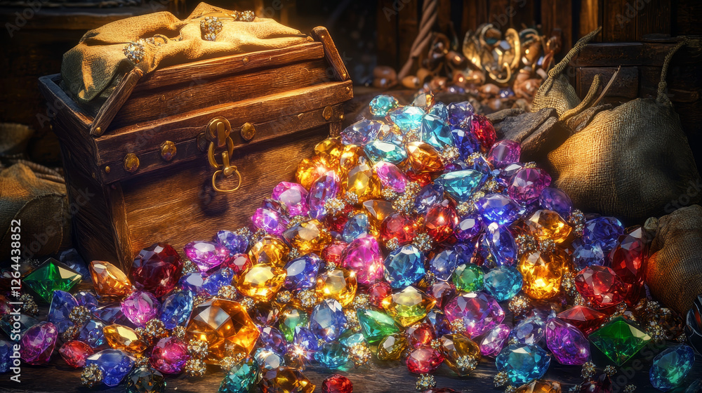Fantasy treasure game elements - glowing ping diamond in pile, bag, open wooden chest full and overflowing of gems. Progress steps of shimmering gemstones heap growing for adventure and pirate gui. Fantasy treasure game elements - glowing ping diamond in pile, bag, open wooden chest full and overflowing of gems. Progress steps of shimmering gemstones heap growing for adventure and pirate gui.