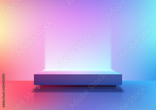 futuristic technology cyberpunk concept illuminated platform with vibrant gradient backdrop and reflective floor for modern product display