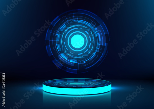 futuristic blue glowing 3d platform with hud design high tech sci fi concept digital innovation