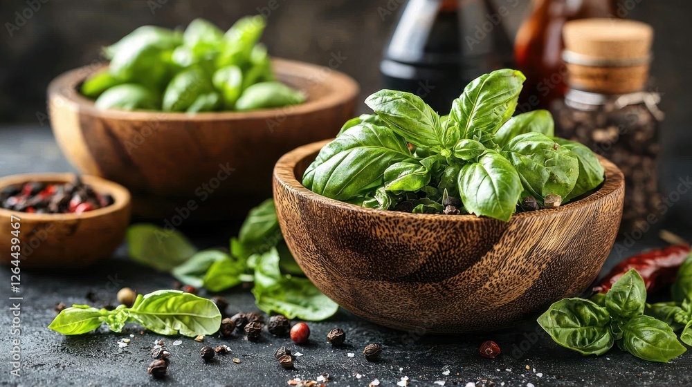 Fresh Basil in Wooden Bowls: A Culinary Delight Fresh Basil in Wooden Bowls: A Culinary Delight