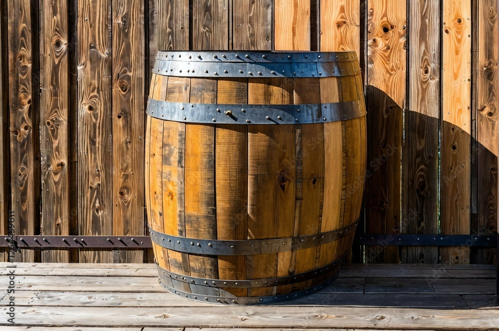 A large barrel sits on a wooden shelf A large barrel sits on a wooden shelf
