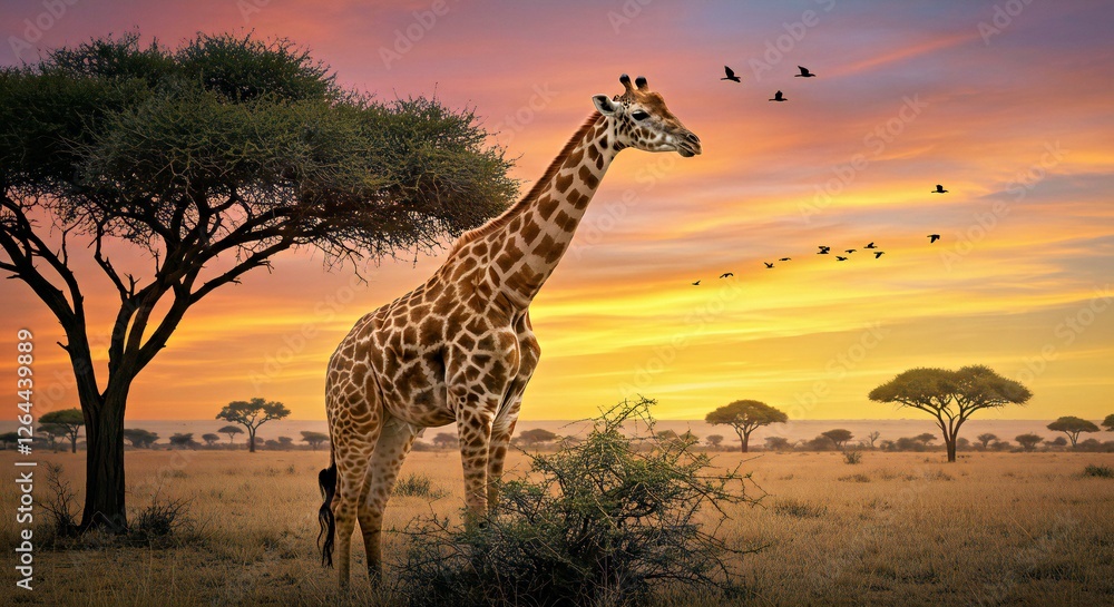 Obraz premium A Giraffe Browsing on Acacia Trees in the Golden Light of the African Savanna at Sunset