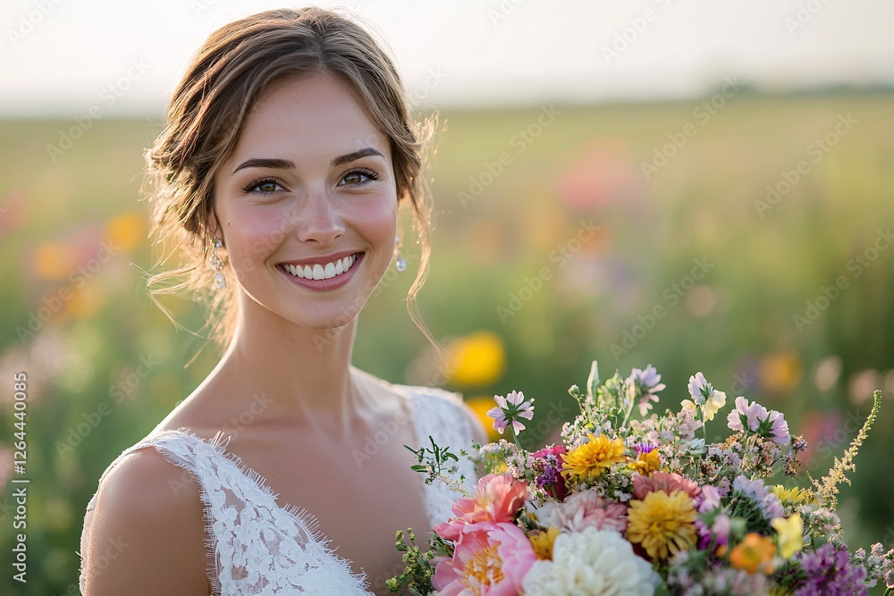 Beautiful Bride Posing with Wildflower Bouquet in Field Beautiful Bride Posing with Wildflower Bouquet in Field