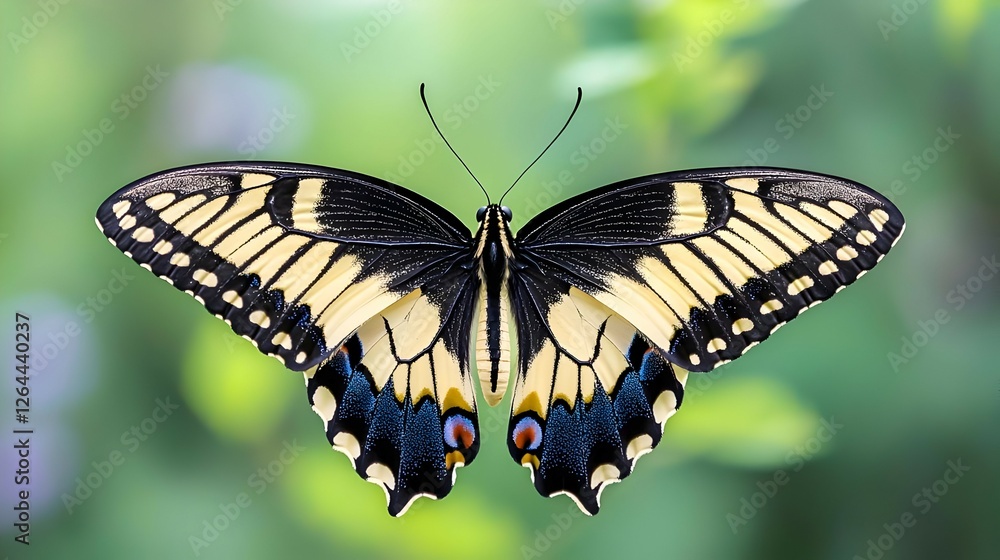 Fototapeta premium Yellow Black And Blue Butterfly With Open Wings On Green Background