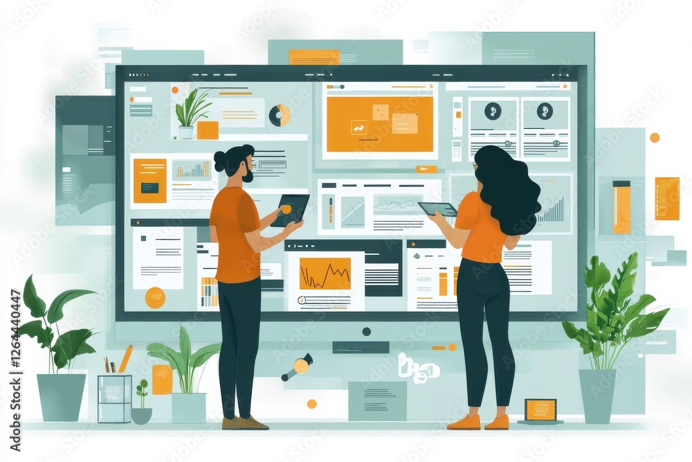 Three professionals analyzing data on multiple digital dashboards in an office space Three professionals analyzing data on multiple digital dashboards in an office space