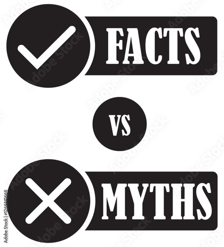Facts vs myths icons with check mark icon buttons. Honesty and dishonesty symbol. Mistake vs correctness icon. Facts and fiction sign. Right choice vs wrong choice. Vector illustration