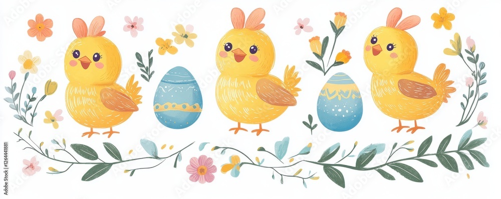 Cute yellow chicks and Easter eggs in a floral decorative design Cute yellow chicks and Easter eggs in a floral decorative design
