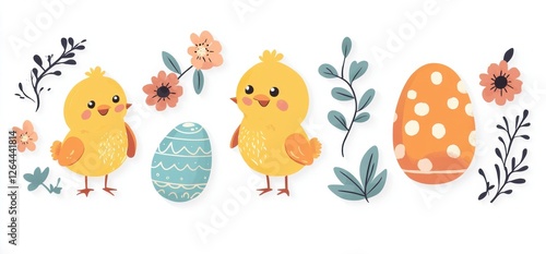 Cute yellow chicks with decorated Easter eggs and colorful flowers