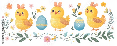 Cute yellow chicks and Easter eggs in a floral decorative design