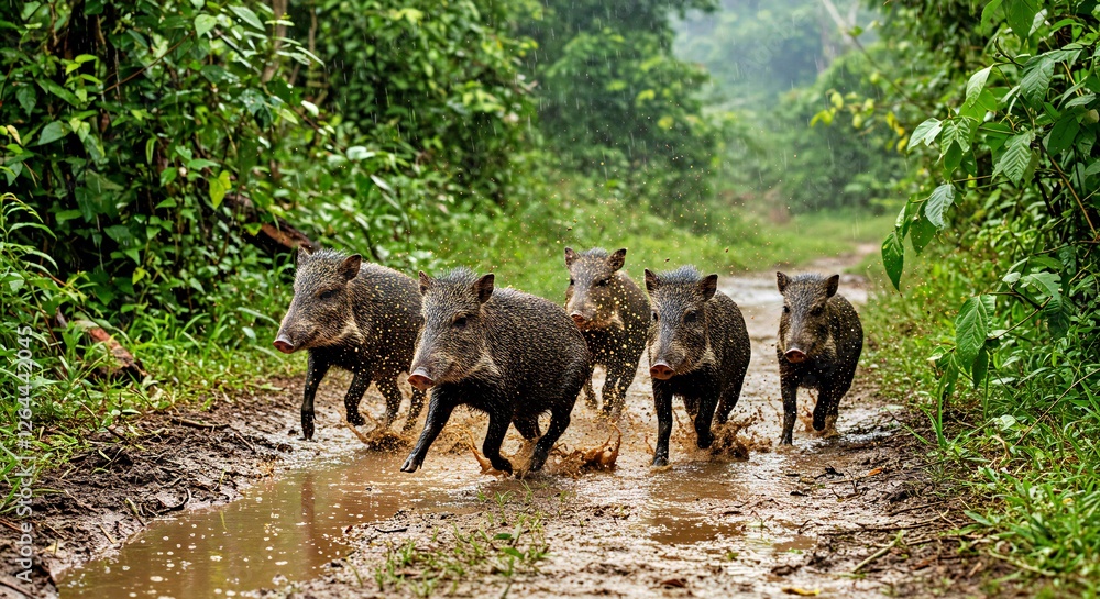 A Herd of White-Lipped Peccaries Sprinting Through a Muddy Jungle Trail After a Heavy Downpour A Herd of White-Lipped Peccaries Sprinting Through a Muddy Jungle Trail After a Heavy Downpour