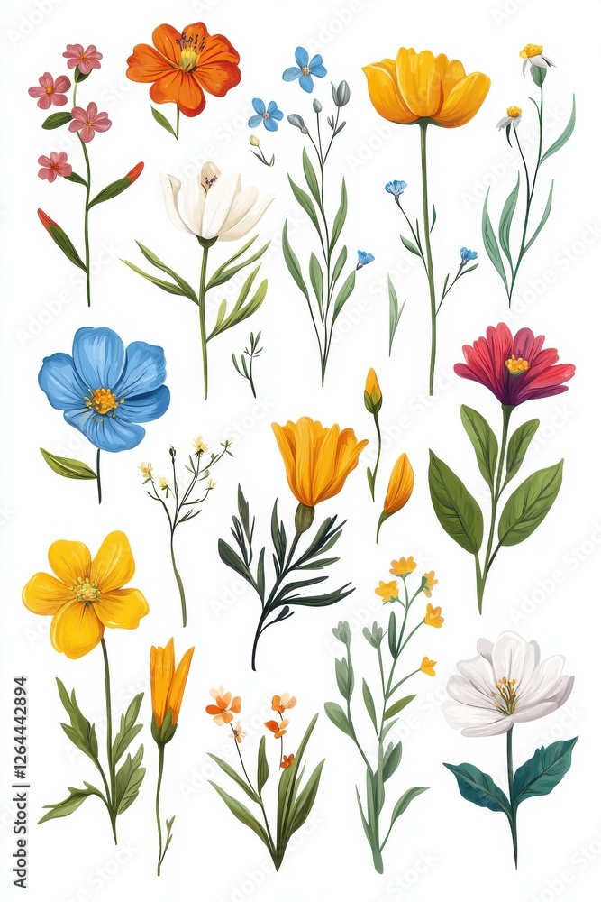 Illustration of colorful spring flowers arranged on a white background Illustration of colorful spring flowers arranged on a white background