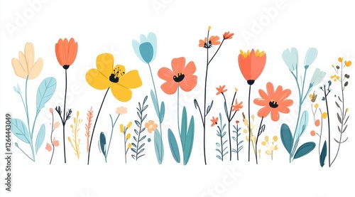 Colorful cartoon spring flowers in a decorative arrangement on white background