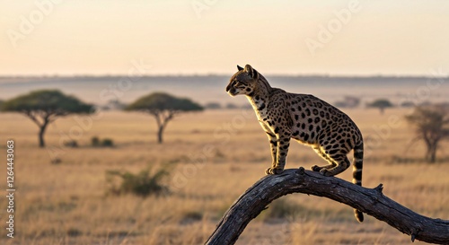 A Jaguarundi Perched on a Branch Overlooking a Vast, Open Savanna at Dawn