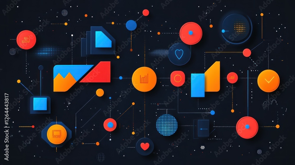 Obraz premium Abstract Data Visualization: Network of interconnected shapes and icons representing data flow, digital technology, and information processing.