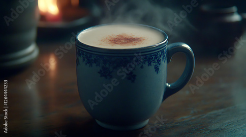 Aromatic Latte in Blue Floral Mug with Light Steam on Wooden Tabletop Cozy Drink and Comfort photo