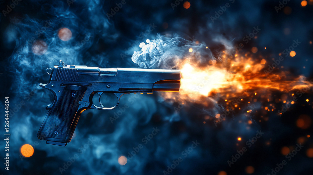 Gun flashes with smoke and fire sparkles. Pistol shots clouds, muzzle shotgun explosion. Blast motion, weapon bullets trails isolated on black background. Realistic 3d vector illustration, icons set Gun flashes with smoke and fire sparkles. Pistol shots clouds, muzzle shotgun explosion. Blast motion, weapon bullets trails isolated on black background. Realistic 3d vector illustration, icons set