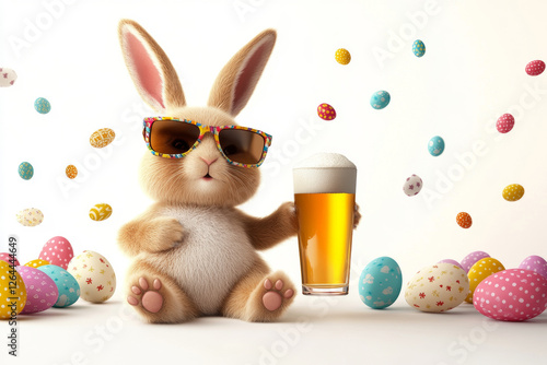 Smiling easter bunny wearing cool sunglasses drinking beer near colorful eggs on white surface