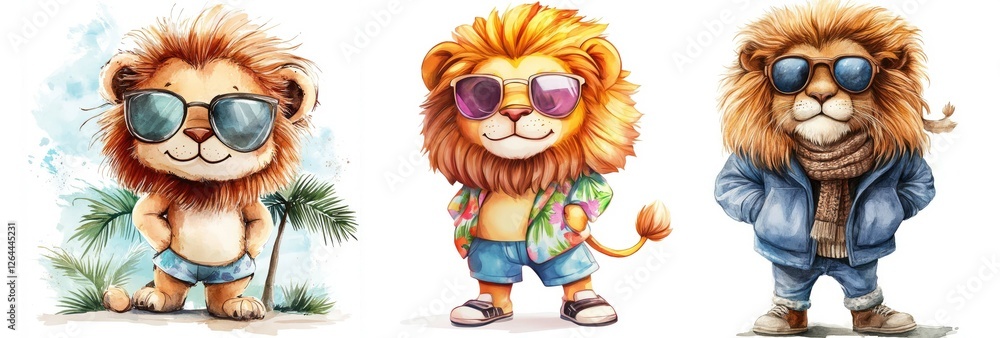 Obraz premium Playful animated lions wearing stylish sunglasses in vibrant beach attire. Watercolor illustration