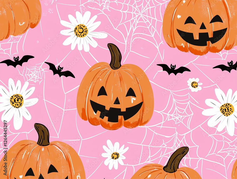 A whimsical and festive illustration featuring grinning pumpkins, bats, and daisies on a playful pink background, encapsulating the essence of Halloween fun and joy. A whimsical and festive illustration featuring grinning pumpkins, bats, and daisies on a playful pink background, encapsulating the essence of Halloween fun and joy.