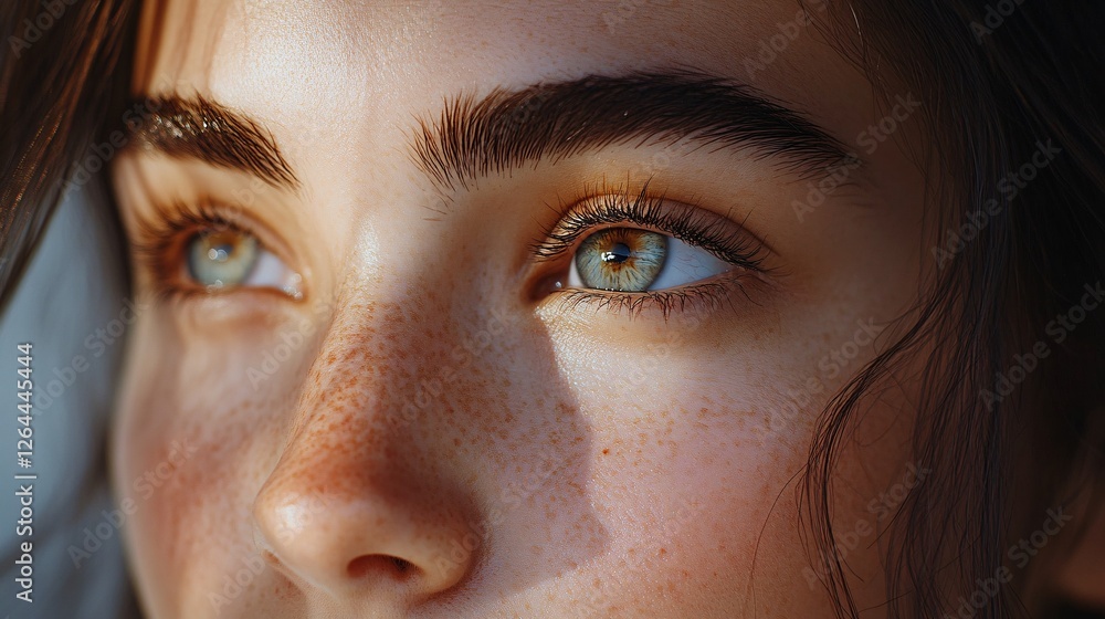 Fototapeta premium Closeup of a young womans face showcasing freckles and eyes