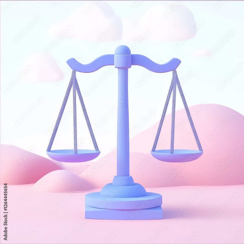 Stylized balance scale representing justice on a pastel background. 3D Style Stylized balance scale representing justice on a pastel background. 3D Style