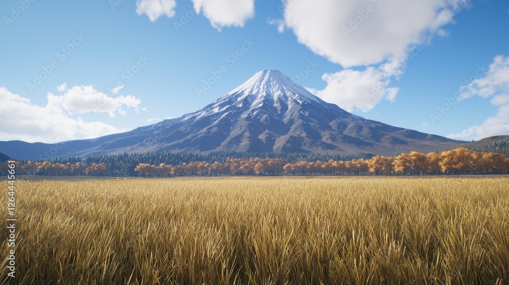 Obraz premium Ultra-detailed 3D Mount Fuji, surrounded by endless fields of golden grass in autumn.
