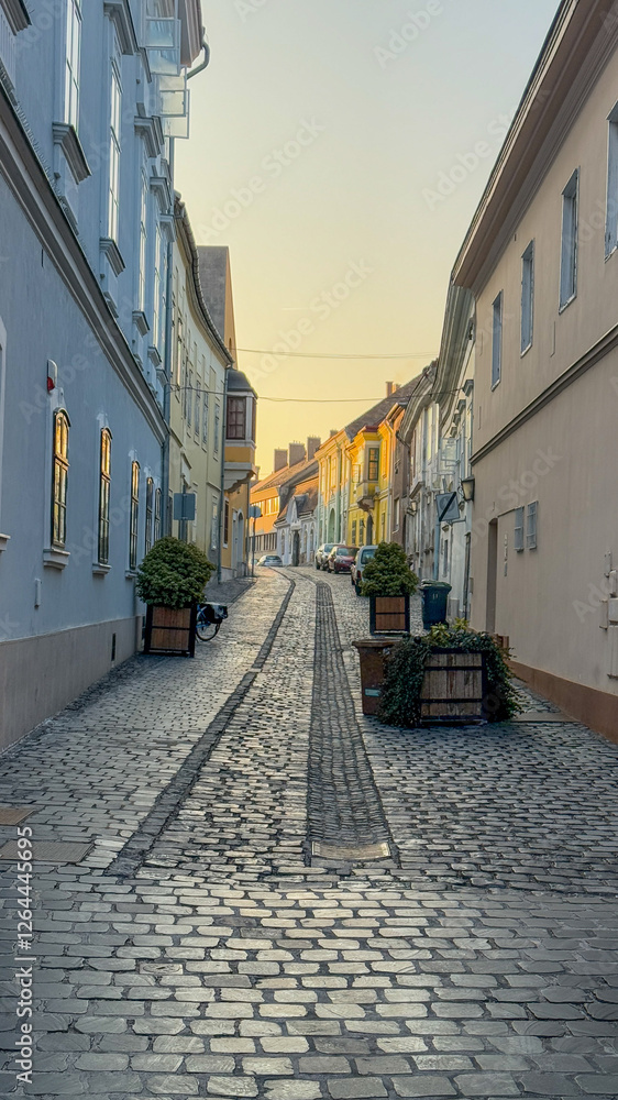 Obraz premium Narrow cobblestone street with pastel buildings at sunrise, European travel, historical architecture charm