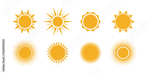 Sun icon set. Yellow sun icons. Shine sun ray set. Sunset icon collection. Yellow sun star icons. Hot solar energy for tan. Vector illustration,