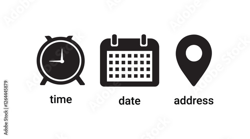 Time, date and address icon set. Calendar, clock, location. Editable stroke. Linear vector outline illustration. Vector illustration.