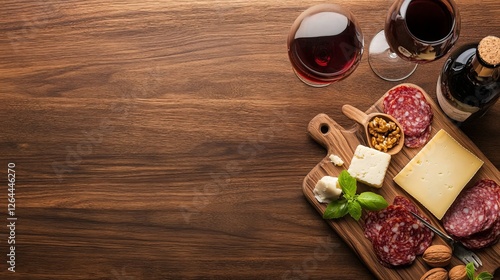 Wallpaper Mural A beautifully arranged charcuterie board featuring cheese, meats, and wine on a wooden table Torontodigital.ca