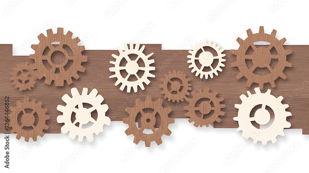 Assorted Wooden Gears on Wooden Plank Background Illustrating Mechanical Themes and Interlocking Systems