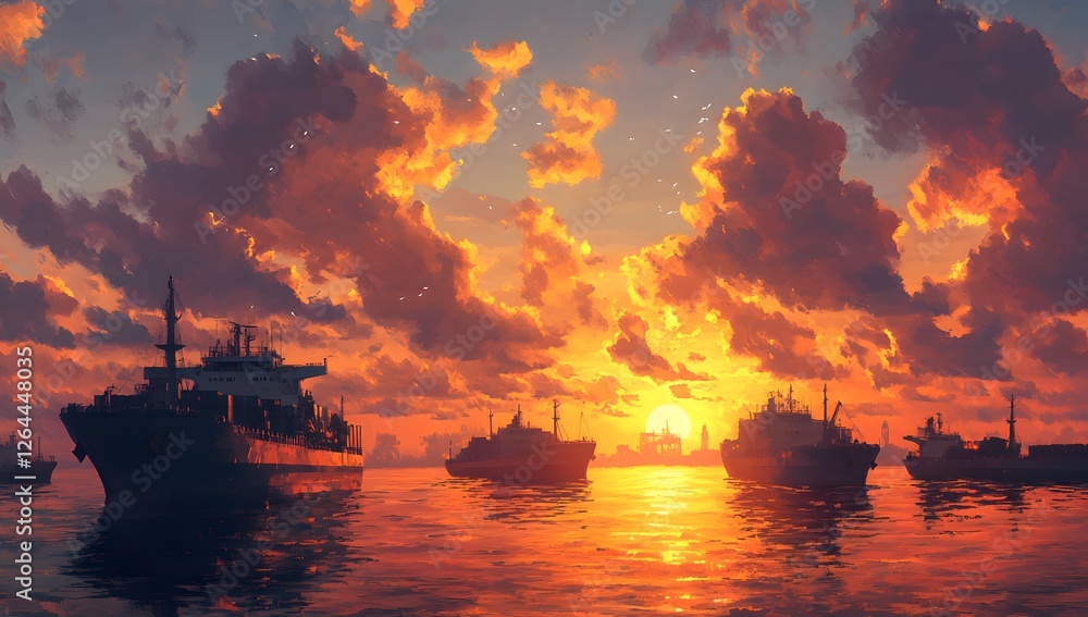 Fototapeta premium Sunset cargo ships at sea