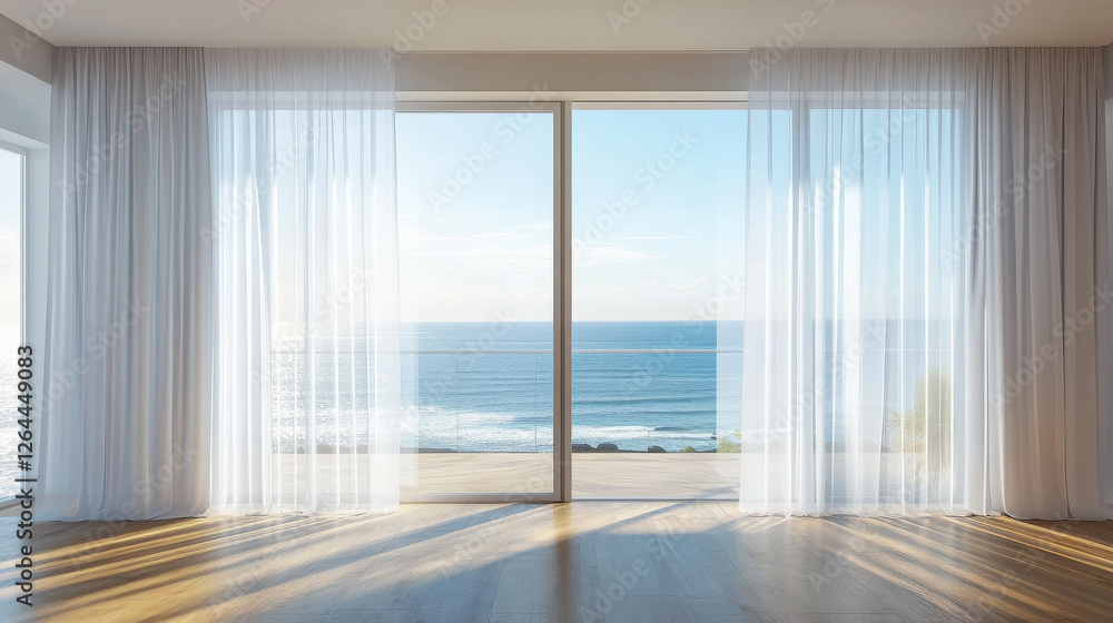 Fototapeta premium Glass windows with white silk curtains and overlooking to sea. Vector realistic interior of empty room in home or hotel with glass doors to balcony, terrace with railings