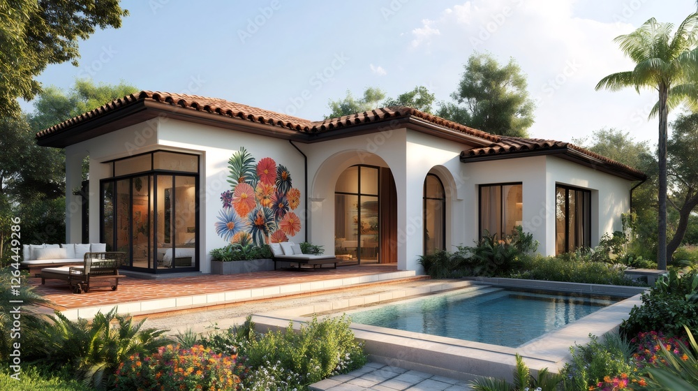 Luxurious spanish colonial house featuring a vibrant floral mural and swimming pool
