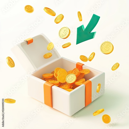 Gift Box with Falling Money, Loss Concept, White Background photo