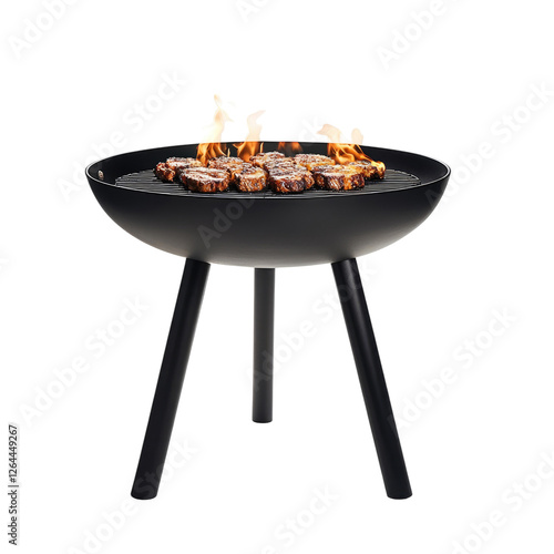 A black grill with flames and meat on it is displayed against a white background transparent, alpha background png