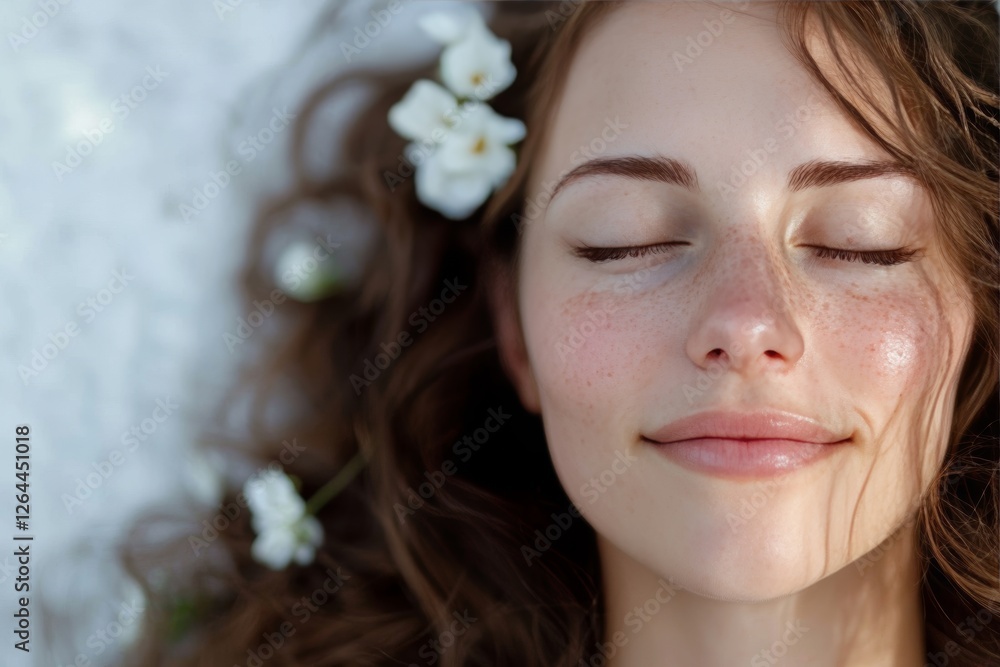 Woman with long brown hair wearing white flowers in her hair displaying pure bliss expression Woman with long brown hair wearing white flowers in her hair displaying pure bliss expression