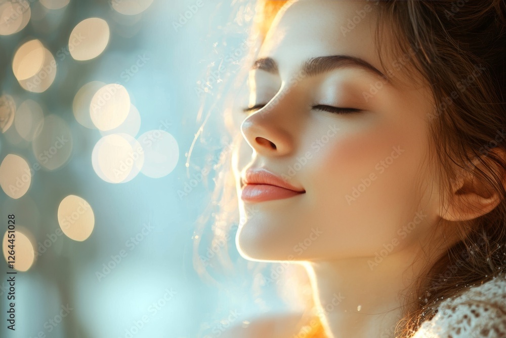 Woman with closed eyes looking up expressing pure bliss and serenity outdoors in nature Woman with closed eyes looking up expressing pure bliss and serenity outdoors in nature