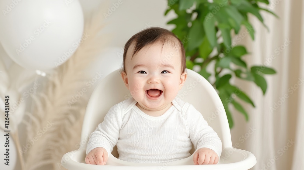 Happy Baby in High Chair with Balloons and Plants Happy Baby in High Chair with Balloons and Plants