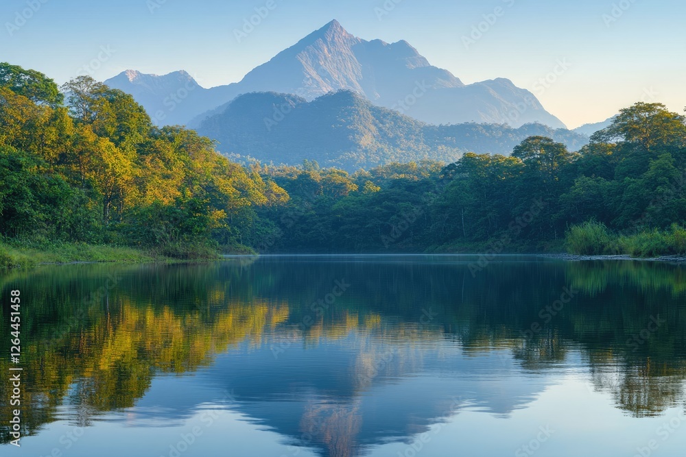 Naklejka premium Majestic mountain reflecting in tranquil river at sunset