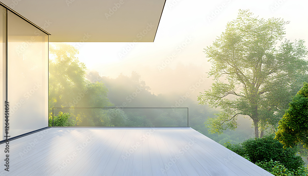 Fototapeta premium Serene sunrise view from a modern balcony overlooking a misty forest. Ideal for architecture, real estate, and lifestyle projects.