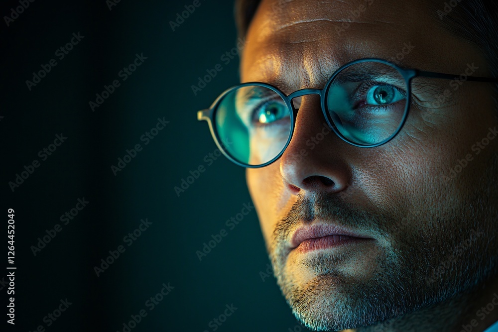 A Man Wearing Glasses Gazes Pensively Into The Distance A Man Wearing Glasses Gazes Pensively Into The Distance