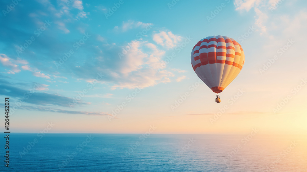 Hot Air Balloon Sunrise: A vibrant hot air balloon drifts serenely across a tranquil ocean at sunrise, painting a breathtaking panorama of color and freedom. Hot Air Balloon Sunrise: A vibrant hot air balloon drifts serenely across a tranquil ocean at sunrise, painting a breathtaking panorama of color and freedom.