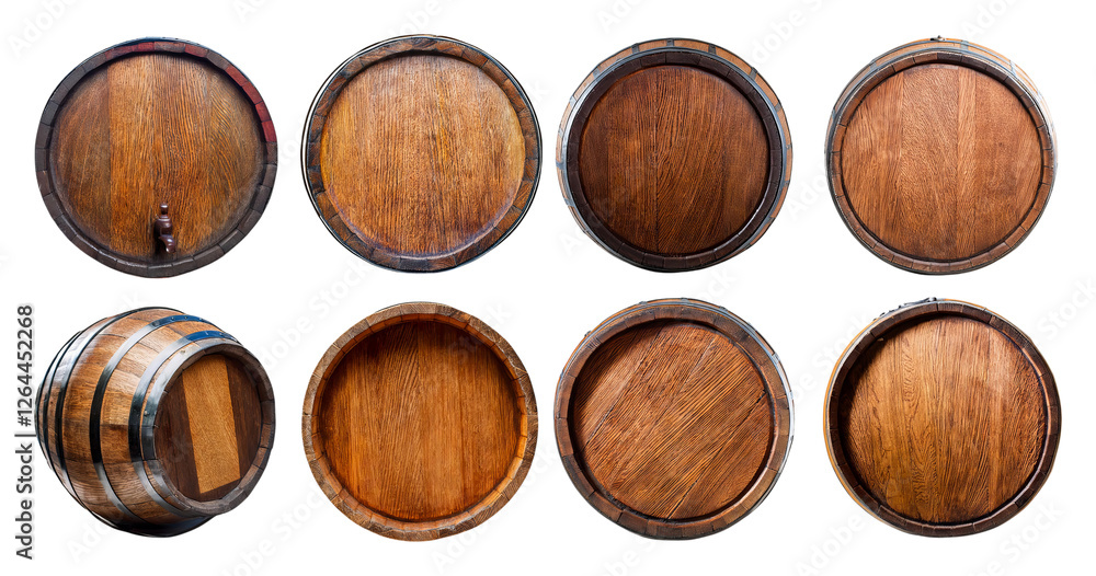 Various Wooden Barrel Designs with Different Top Views and Textures, isolated on transparent background Various Wooden Barrel Designs with Different Top Views and Textures, isolated on transparent background