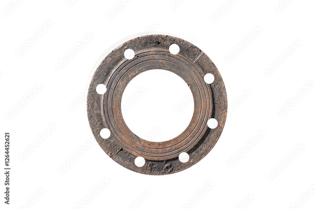 Iron rusted pipe with bolt holes on frame around the pipe. isolated on white background. Side view, cross-section of a concrete drainage pipe. Iron rusted pipe with bolt holes on frame around the pipe. isolated on white background. Side view, cross-section of a concrete drainage pipe.