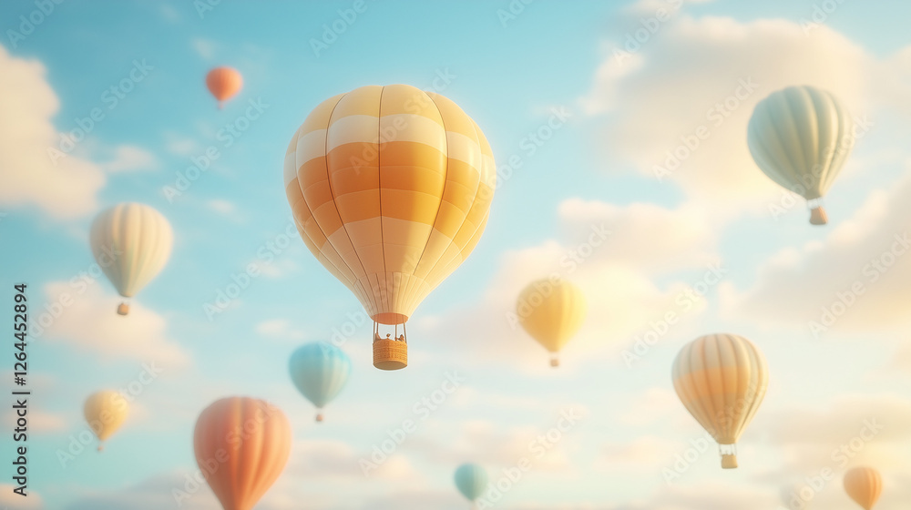 Obraz premium Hot Air Balloon Soaring: A whimsical flight of colorful hot air balloons against a backdrop of a breathtakingly blue sky with fluffy white clouds, symbolizing freedom, adventure, and new horizons.