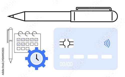 Pen, calendar with checkmarks, clock gear, and contactless payment card in blue and black tones. Ideal for productivity, time management, planning, scheduling, fintech deadlines abstract line flat