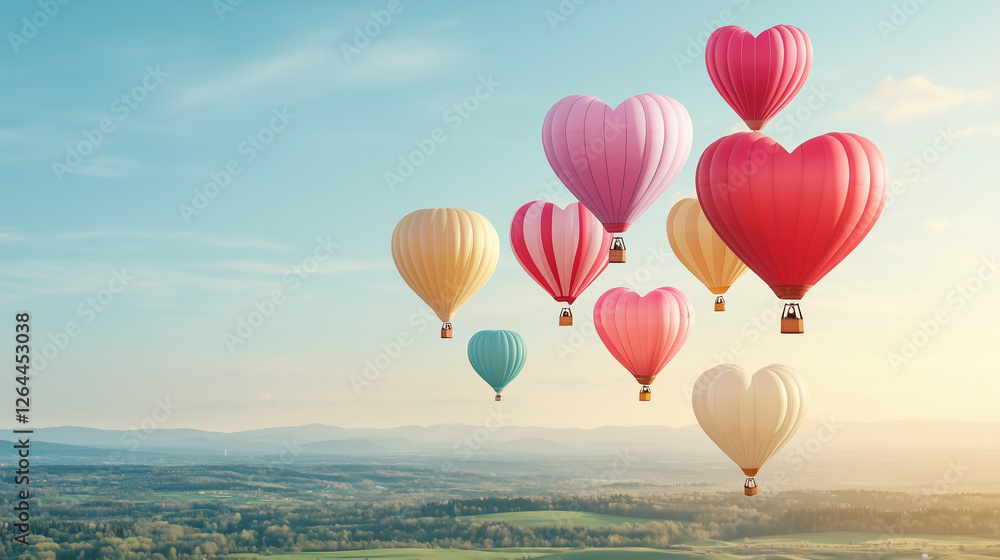Obraz premium Love Takes Flight: A whimsical and romantic spectacle of colorful heart-shaped hot air balloons gracefully ascending against a backdrop of a hazy sunrise and rolling hills, symbolizing love, dreams.