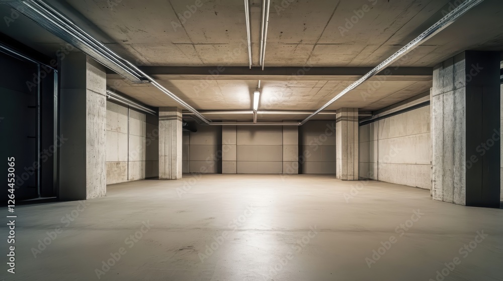 The basement room on the bottom floor of the building's parking lot is empty in an industrial cast concrete style. The basement room on the bottom floor of the building's parking lot is empty in an industrial cast concrete style.