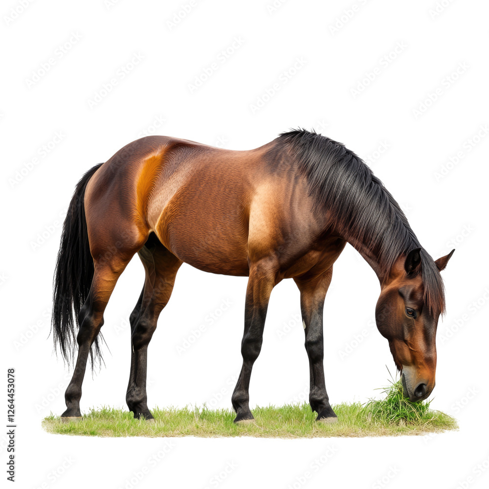 A brown horse with black legs and tail, standing on a white background transparent, alpha background png A brown horse with black legs and tail, standing on a white background transparent, alpha background png
